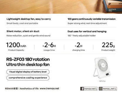 Remax RS-ZF03 Ultra Slim Rechargable Desktop Fan - White
